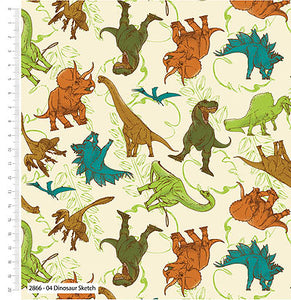 This awesome Dino sketch fabric is from The Natural History Museum from their Dino exhibit. Dino sketch toss with a cream background and some leaf outline texture!