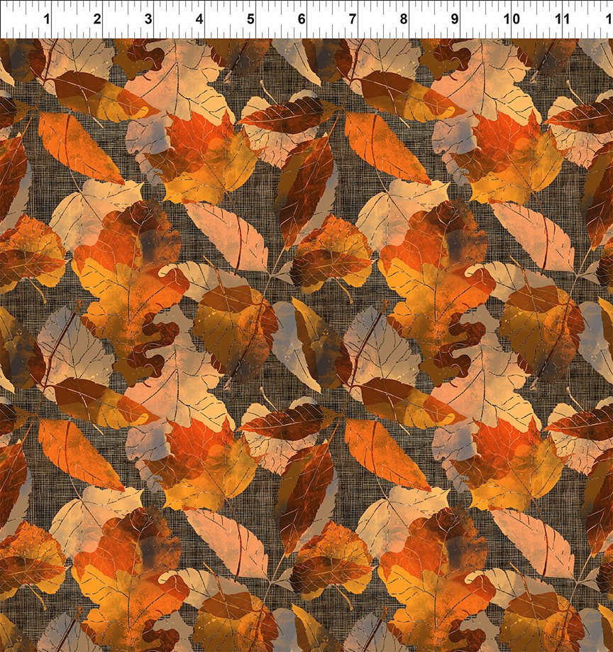 ﻿This beautiful large leaf toss fabric is covered in rich reds and oranges with a brown cross hatched design in the background. This would be beautiful for autumnal projects! 