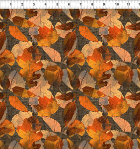 ﻿This beautiful large leaf toss fabric is covered in rich reds and oranges with a brown cross hatched design in the background. This would be beautiful for autumnal projects! 
