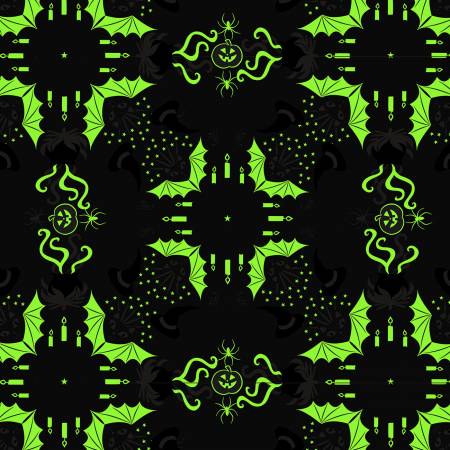 This Halloween fabric has a kaleidoscope effect to it. Full of candelabras, black cats, bats, hats and spooky cauldrons! Lovely purple background compliments the greens and oranges. 