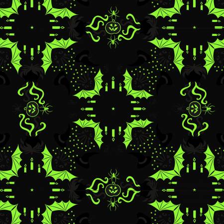 This Halloween fabric has a kaleidoscope effect to it. Full of candelabras, black cats, bats, hats and spooky cauldrons! Lovely purple background compliments the greens and oranges. 