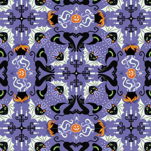 This Halloween fabric has a kaleidoscope effect to it. Full of candelabras, black cats, bats, hats and spooky cauldrons! Lovely purple background compliments the greens and oranges. 