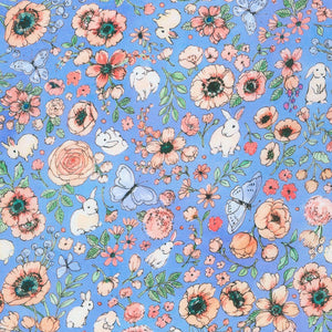 This adorable fabric is covered in flowers and bunnies. Blue background with pink flowers and green leaves/stems, surrounded by little bunnies. Lightweight fabric with a very soft hand. 