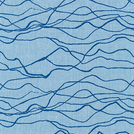 Quarry Trail by Anna Graham (Noodlehead) for Robert Kaufman Fabrics. Blue horizontal fault lines on a light blue background.  5.6oz. per square yard.   55 linen/45 cotton, 44/5"