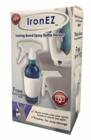 The IronEZ is a revolutionary product that attaches to your ironing board to make ironing easy. It will solve the problem of repeatedly dropping your spray bottle while ironing, free up space on your ironing board, and make your life frustration free and more efficient. It even rotates when folding up your ironing board so your spray bottle can be stored conveniently right along with it. Perfect for quilting and sewing.