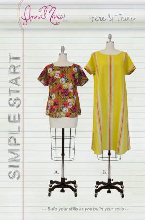 The Here & There is one of the six patterns in Anna Maria's SIMPLE START skill building collection of patterns!  Skills learned in this are a curved rolled hem, and finishing edges with bias trim facing, inset gore, crossover styling and a dolman sleeve! 