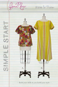The Here & There is one of the six patterns in Anna Maria's SIMPLE START skill building collection of patterns!  Skills learned in this are a curved rolled hem, and finishing edges with bias trim facing, inset gore, crossover styling and a dolman sleeve! 