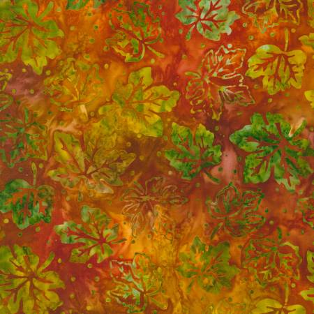 This batik is a beautiful autumn leaf pattern with colors of orange, green, red and yellow. Cranberry/orange background with green and yellow maple leaves tossed all over. This fabric still has the dyed variation throughout which gives it that interest. 