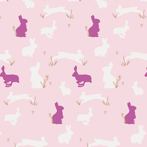 Ana Elise pink bunnies for Art Gallery Fabrics.  95%, cotton/5% lycra jersey, 58".