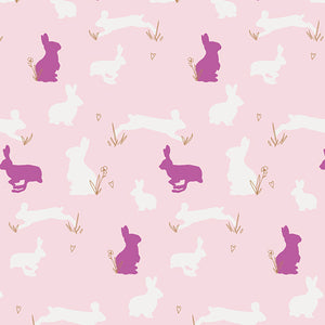 Ana Elise pink bunnies for Art Gallery Fabrics.  95%, cotton/5% lycra jersey, 58".