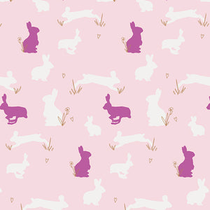Ana Elise pink bunnies for Art Gallery Fabrics.  95%, cotton/5% lycra jersey, 58".