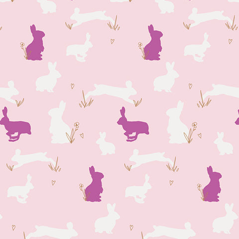 Ana Elise pink bunnies for Art Gallery Fabrics.  95%, cotton/5% lycra jersey, 58".