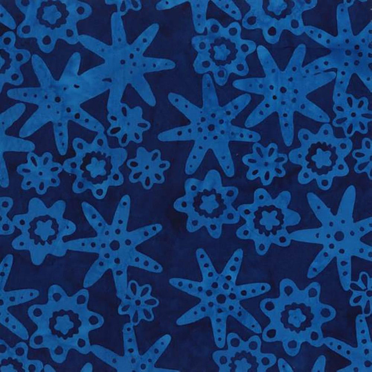 This batik is a rich navy with lighter blue starfish and flowers tossed all over. Great for quilting, crafting and clothing. From Anthology Fabrics By Jonge, Jacqueline De Midnight Jade Batik by Jacqueline de Jonge Collection In Batiks