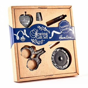 Premium sewing set in antique silver colour 9.5cm/3.75” sharp tip embroidery scissors with scrolling floral handles 150cm/60” magnetic back retractable tape measure Heart pendant thread cutter Non-slip metal thimble 3 hand needles in glass storage tube Plastic free multilingual hangsell packaging Item dimensions: 15 x 16 x 2cm (5.9” x 6.3” x 0.8”) Item gross weight: 125g (0.28lb)