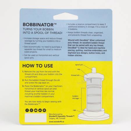 This unique item turns your bobbin into a spool of thread so that there is no need to purchase a separate top thread for small to medium sized projects! The Bobbinator™ includes a reserve compartment to keep 3 additional bobbins in storage, making it to easily store total of 4 bobbins.