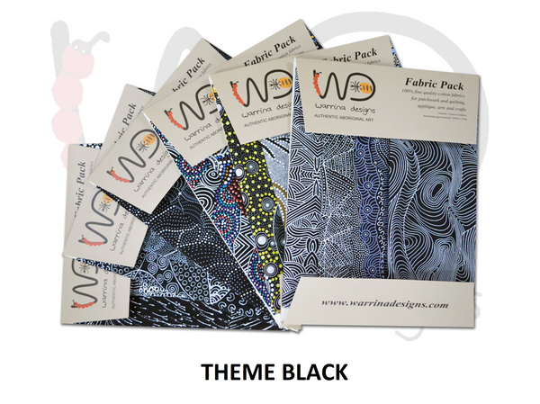 Original, Aboriginal design fabrics from Australia.  100% Cotton  Dreamtime roll - 20 strips, 2 1/2" x 44"  Dream Pack - 40 x 5 inch squares  Fabric Pack (4 x Fat Quarters)