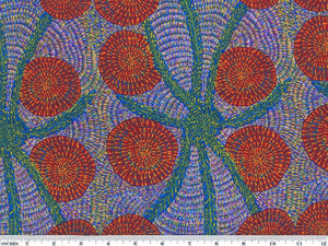 Aboriginal design by Eileen Bonney. This is a beautiful aboriginal print with bright red circles over a blue background. These aboriginal prints all have a mosaic style to them. Green stems around with yellow. Bright and beautiful!  