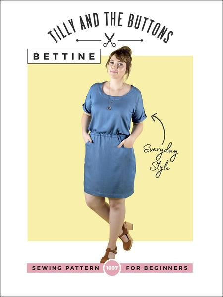 Bettine is an easy-peasy, throw-it-over-your-head dress. It has a blousy bodice with a scoop neckline, kimono sleeves which hang softly around the underarm, turn-up cuffs, elasticated waistline to cinch you in, and flattering tulip skirt. The plain skirt version is a perfect project for beginners, as it’s simple to sew, with no fiddly darts, fastenings or set-in sleeves – yay! More experienced? Try the pocket skirt version and optional cuff tabs for a speedy, satisfying project.