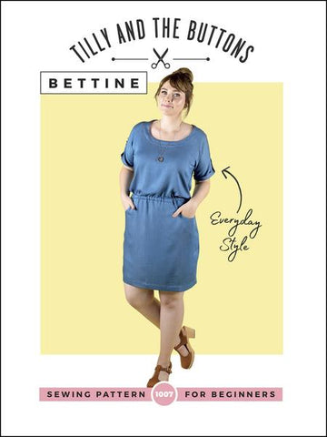Bettine is an easy-peasy, throw-it-over-your-head dress. It has a blousy bodice with a scoop neckline, kimono sleeves which hang softly around the underarm, turn-up cuffs, elasticated waistline to cinch you in, and flattering tulip skirt. The plain skirt version is a perfect project for beginners, as it’s simple to sew, with no fiddly darts, fastenings or set-in sleeves – yay! More experienced? Try the pocket skirt version and optional cuff tabs for a speedy, satisfying project.