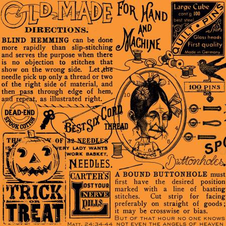 Newspaper clippings about sewing from the Old Made Collection by J. Wecker Frisch for Riley Blake Designs.  Black on an orange ground100% Cotton, 44/5"