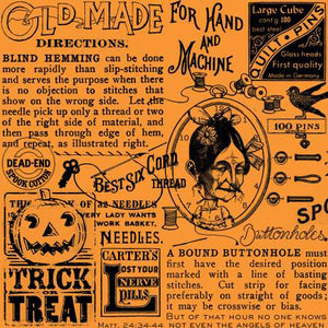 Newspaper clippings about sewing from the Old Made Collection by J. Wecker Frisch for Riley Blake Designs.  Black on an orange ground100% Cotton, 44/5"