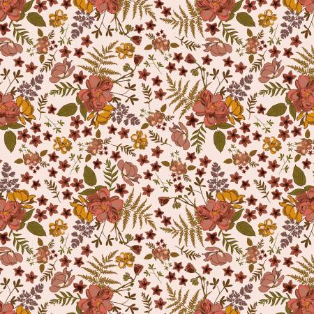 From Riley Blake Designs Sonnet Dusk by Corri Sheff Collection In Floral This fabric consists of moody florals ontop of a pink background. Olive greens, burnt oranges, mustard yellows and mauves.   15yds, 100% Cotton, 43/44in
