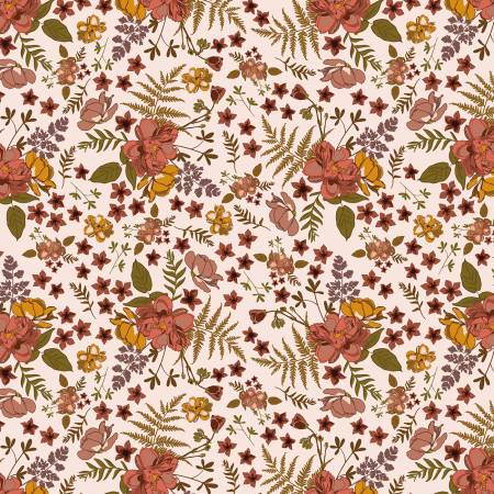 From Riley Blake Designs Sonnet Dusk by Corri Sheff Collection In Floral This fabric consists of moody florals ontop of a pink background. Olive greens, burnt oranges, mustard yellows and mauves.   15yds, 100% Cotton, 43/44in