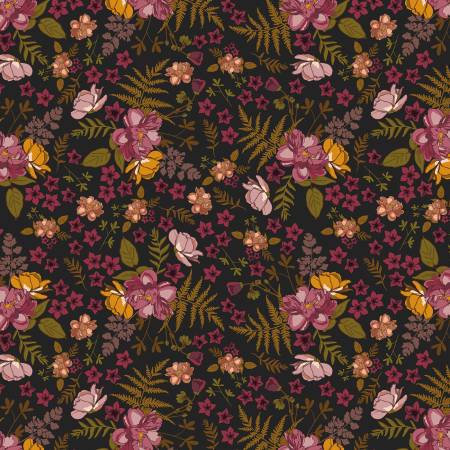 From Riley Blake Designs Sonnet Dusk by Corri Sheff Collection In Floral This fabric consists of moody florals ontop of a black background. Olive greens, burnt oranges, mustard yellows and mauves.  15yds, 100% Cotton, 43/44in