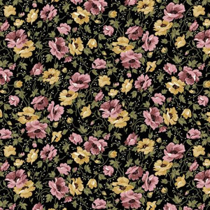 Beautiful floral prints from Riley Blake Designs by Gerri Robinson from the Midnight Garden Collection. The black has mustard yellow and rosy pink colored flowers on a black background with green leaves and white dots. The blue has pale blue and rosy pink flowers on a light baby blue background with green leaves and blush pink dots. 