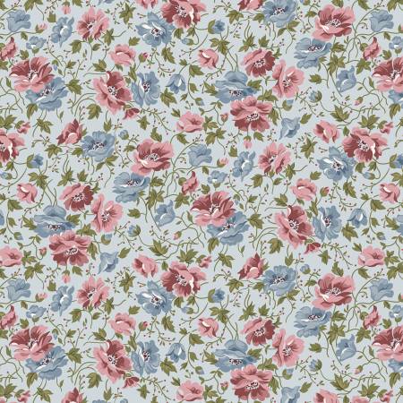 Beautiful floral prints from Riley Blake Designs by Gerri Robinson from the Midnight Garden Collection. The black has mustard yellow and rosy pink colored flowers on a black background with green leaves and white dots. The blue has pale blue and rosy pink flowers on a light baby blue background with green leaves and blush pink dots. 