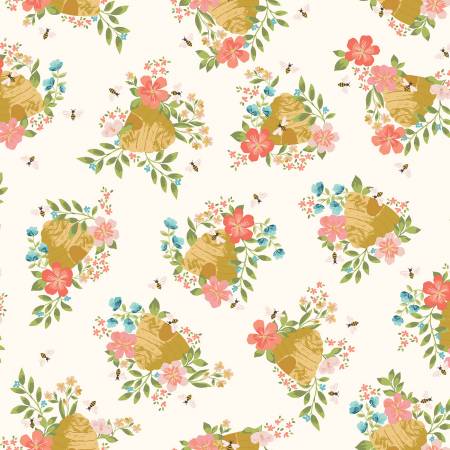 This fabric is full of little bright flowers and big beehives. The little flowers are light pink, coral pink and light blue with sage green leaves around them. The hive is a mix of brown gold and yellow gold. The background is a bright white and the little bees have pink wings!   100% cotton 44"/45"