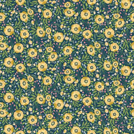 This fabric is a floral toss that has a navy blue background. The flowers look like yellow poppies with hot pink little flowers and green leaves surrounding them.