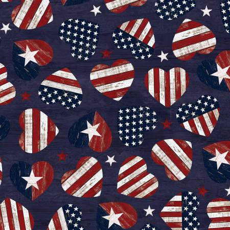 Red, white and blue star and striped hearts on a navy background.  Stars & Stripes by Timeless Treasures Collection 100% Cotton, 44/5".