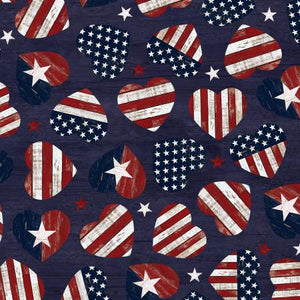 Red, white and blue star and striped hearts on a navy background.  Stars & Stripes by Timeless Treasures Collection 100% Cotton, 44/5".