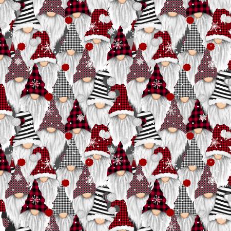 Christmas gnomes! These adorable gnomes have striped, gingham, knit and checkered hats with big white and grey beards! They're all together in rows with snowflakes falling. Super cute and fun fabric to quilt and craft with! Even make a pair of pajamas out of this!