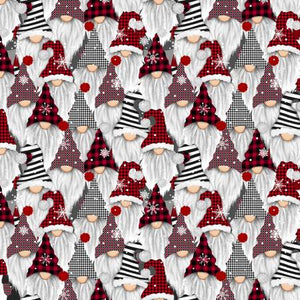 Christmas gnomes! These adorable gnomes have striped, gingham, knit and checkered hats with big white and grey beards! They're all together in rows with snowflakes falling. Super cute and fun fabric to quilt and craft with! Even make a pair of pajamas out of this!
