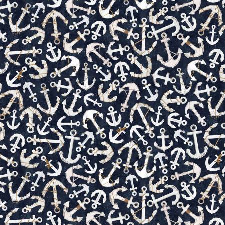 White and beige scattered anchors on a navy ground.  From the Welcome to the Beach  Collection.  100% cotton- 44"/45" wide. 