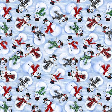 Big snowmen tossed on a blue background. This fun fabric features different snowmen - perfect for the holidays. Timeless Treasures Collection 100% Cotton, 44/5".