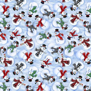 Big snowmen tossed on a blue background. This fun fabric features different snowmen - perfect for the holidays. Timeless Treasures Collection 100% Cotton, 44/5".