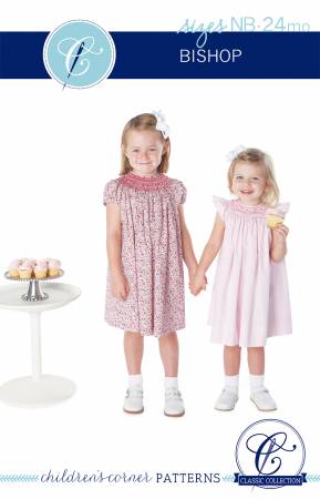 The Children's Corner Bishop Newborn to 24 Months is the classic, raglan sleeved bishop with smocking around the neck. It falls just below the knee. The revised Bishop pattern inspired by the original Betsy, Gwen, and Ki Bishop patterns by Elizabeth Travis Johnson and includes 2 views that close in the back. View A has an easy self-faced placket with a seam up the center back. View B has a continuous bound placket and the back is cut on the fold.