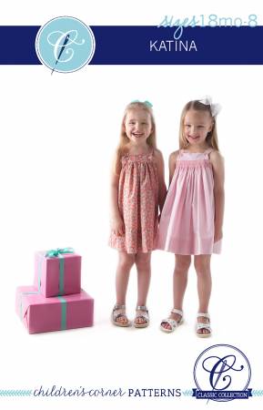 Katina is a classic, sundress/jumper with straps that button in the front on the yoke. The yokes are lined. Both skirts can be gathered or smocked for a breezy and easy-to-wear dress. Underarms are finished with a bias band. The pattern pieces are printed unstacked on paper and dimensions are provided for the skirts. 