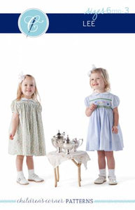 Lee is a classic, yoke dress necessary for every girl’s wardrobe, available as a smocked or unsmocked dress. Lee has puffed sleeves with a Peter Pan collar embellished with either piping or gathered trim. VIEW A is smocked with an optional sash, and VIEW B is unsmocked. You will love our easy-to-follow geometric smocking design and smocking guide. The smocking design featured on the cover is Bailey’s Butterflies by Creative Keepsakes.