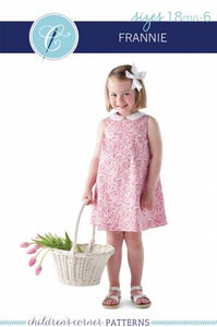 Frannie is a swing sundress perfect for everyday play and can be worn as a jumper for cooler weather. Adjustable fullness gathered under the arms can be made with fabric ties or elastic. The fully-lined dress has one button in the back with an optional Peter Pan collar. Sizes 18mo-6 in one package.