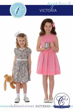 Victoria is a versatile waistline bodice dress with darts (sizes 3-14) that can be made with or without sleeves. The back closes with a zipper or with buttons and a continuous bound placket. The dress can be made with a piped Peter Pan collar, a ruffle collar, or without a collar. For a sleeved dress, choose from a short puff sleeve or a long sleeve with band