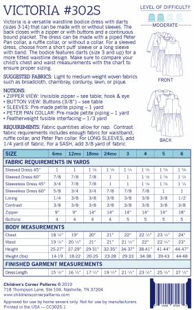  The bodice features darts (size 3 and up) for a more fitted waistline design. Make sure to compare your child’s chest and waist measurements with the chart to ensure proper sizing.