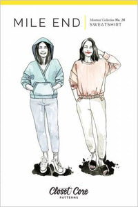Part of our cozy yet stylish Montreal lounge collection, the Mile End Sweatshirt is a fresh, modern take on a classic wardrobe staple. With a slouchy, oversized fit, graphic style lines and clever details, it makes a true statement. View A is a classic crewneck sweatshirt with band neckline. View B adds a fun twist by gathering the front band at the waist. View C is a unique hoodie with a deep crossover neckline and a kangaroo pocket. All views feature a curved back yoke and two-piece darted sleeve.