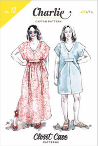 All versions feature a deep V neckline, kimono sleeves, inset center panel and roomy pockets. View A is modern and architectural with striking pleats beneath the bust. For a softer, more romantic dress, Views B & C feature a gently gathered bodice with an optional waist tie for a figure skimming silhouette in two skirt lengths. You may also choose between a dramatically wide kimono sleeve, or one slightly higher cut for more coverage.