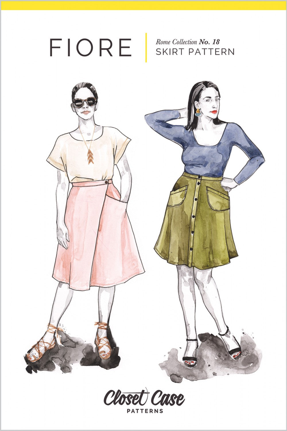 The Fiore Skirt is a chic, high-waisted A-line skirt with just the right amount of flare and volume. A beginner friendly pattern with multiple variations, this elevated basic has tons of outfit potential. Available in above or below the knee lengths, the Fiore Skirt has three views. View A is a simple flared skirt with an invisible zipper at the back. View B is an asymmetrical wrap skirt with single hip pocket. View C buttons up the front with curved patch pockets.