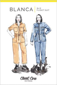 The Blanca Flight Suit is a semi-fitted, highly customizable boiler suit pattern inspired by vintage workwear. With multiple sleeve and leg options, it can be made in a variety of fabrics and can easily be styled up or down. Blanca features a center front zipper, patch pockets that double as belt loops, an optional tie belt or buckled belt, a traditional shirt collar and a unique pleated back design.