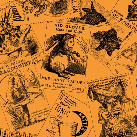 Scattered cards on an orange background from Riley Blake Designs by Janet Wecker-Frisch for the Mad Masquerade collection. All the cards have different characters on it from alice in wonderland and have a spooky quality to them!